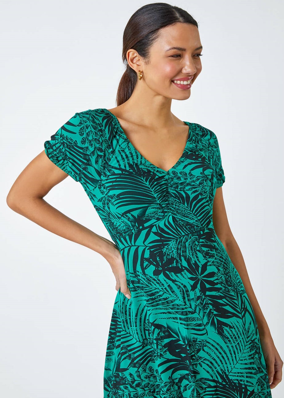 Roman Green  Leaf Print Stretch Ruched Dress