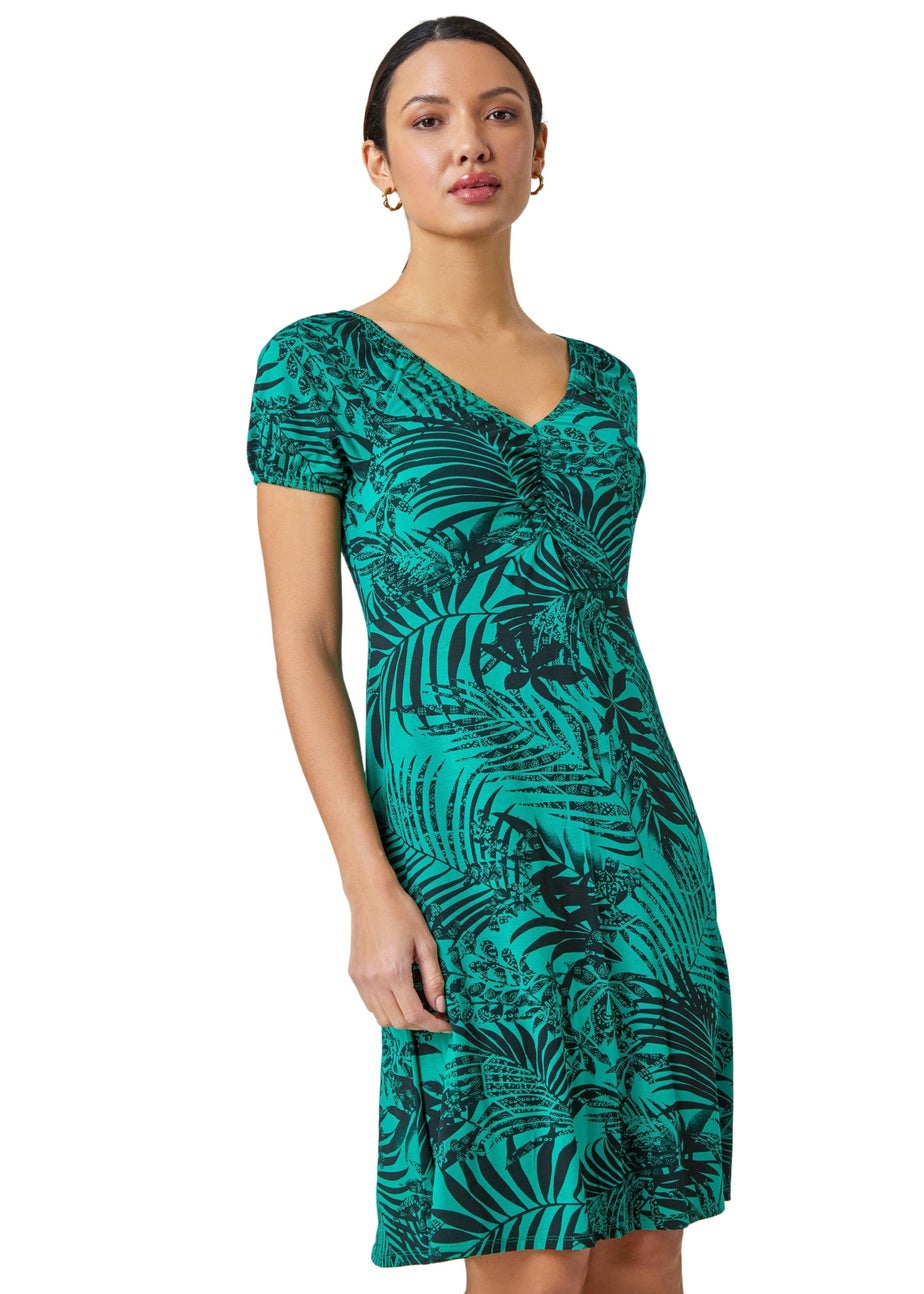 Roman Green  Leaf Print Stretch Ruched Dress