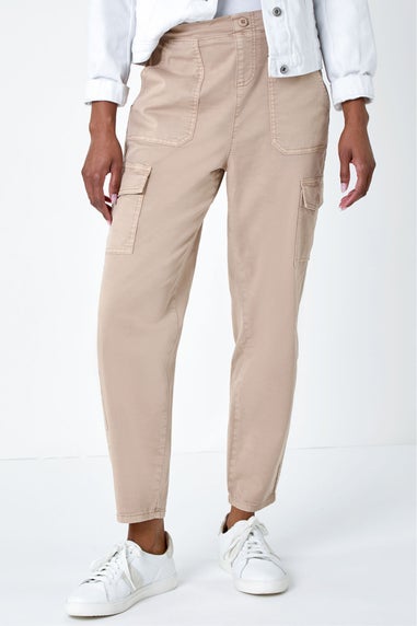 Roman Natural Casual Elastic Waist Cropped Cargo Trousers