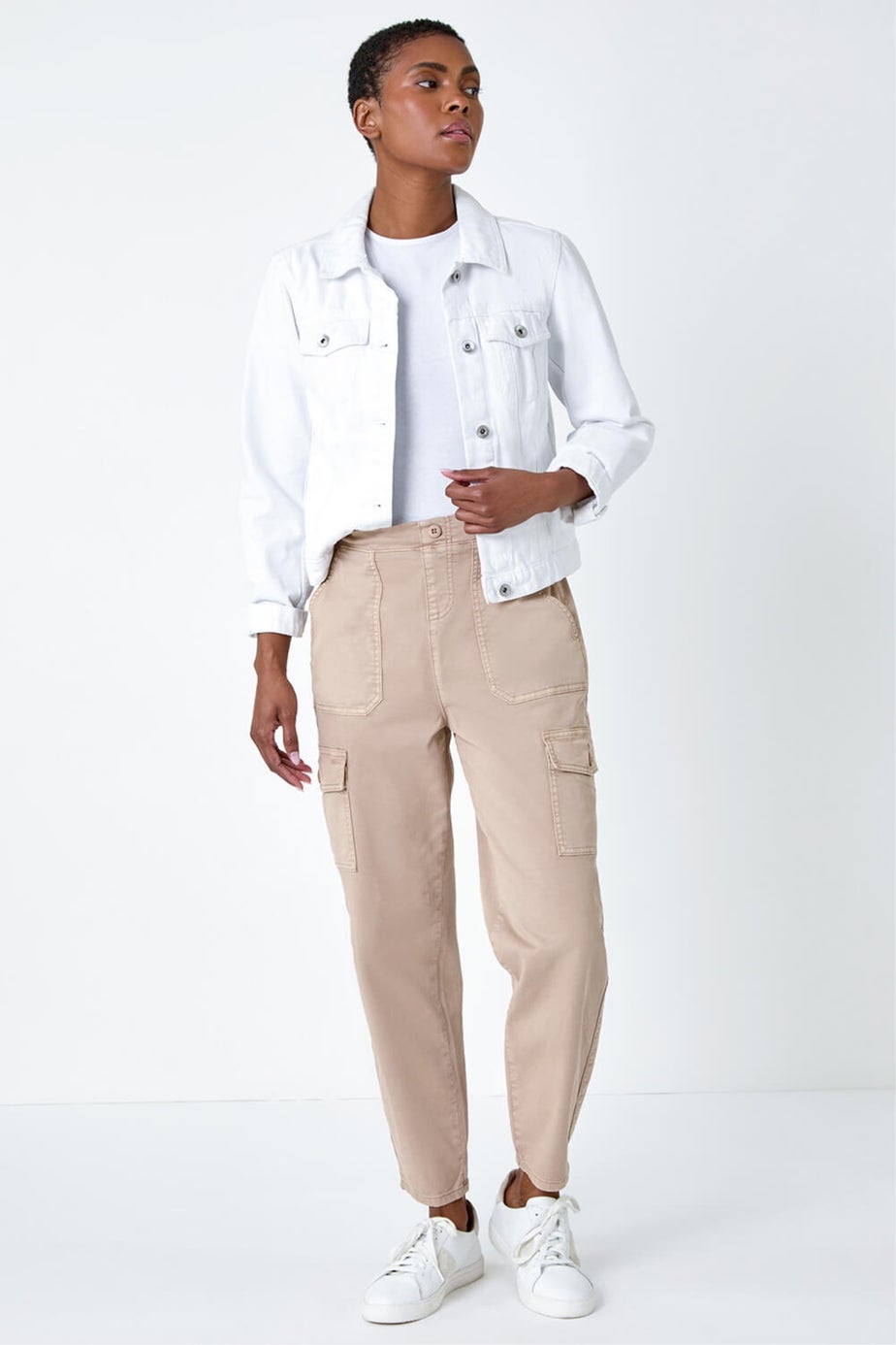 Roman Natural Casual Elastic Waist Cropped Cargo Trousers
