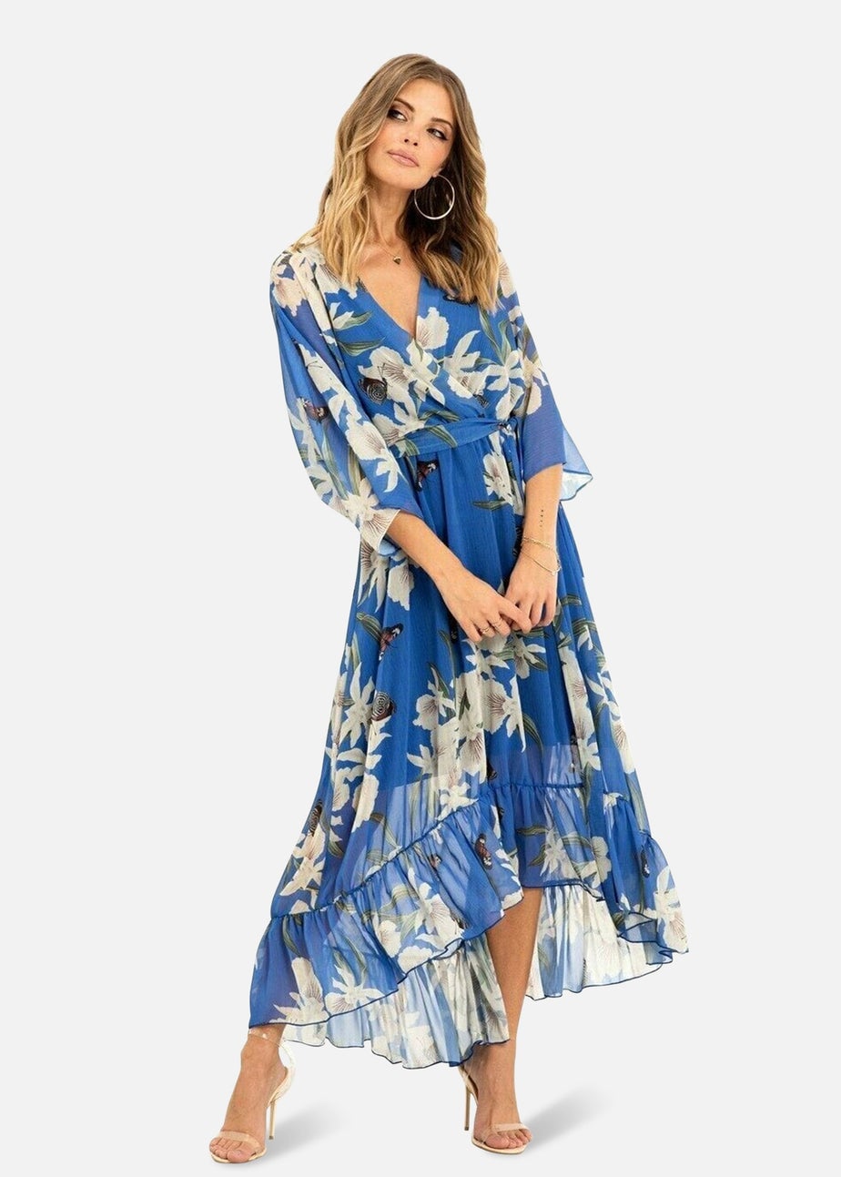 Yumi Blue Floral Print Kimono Midi Wrap Dress