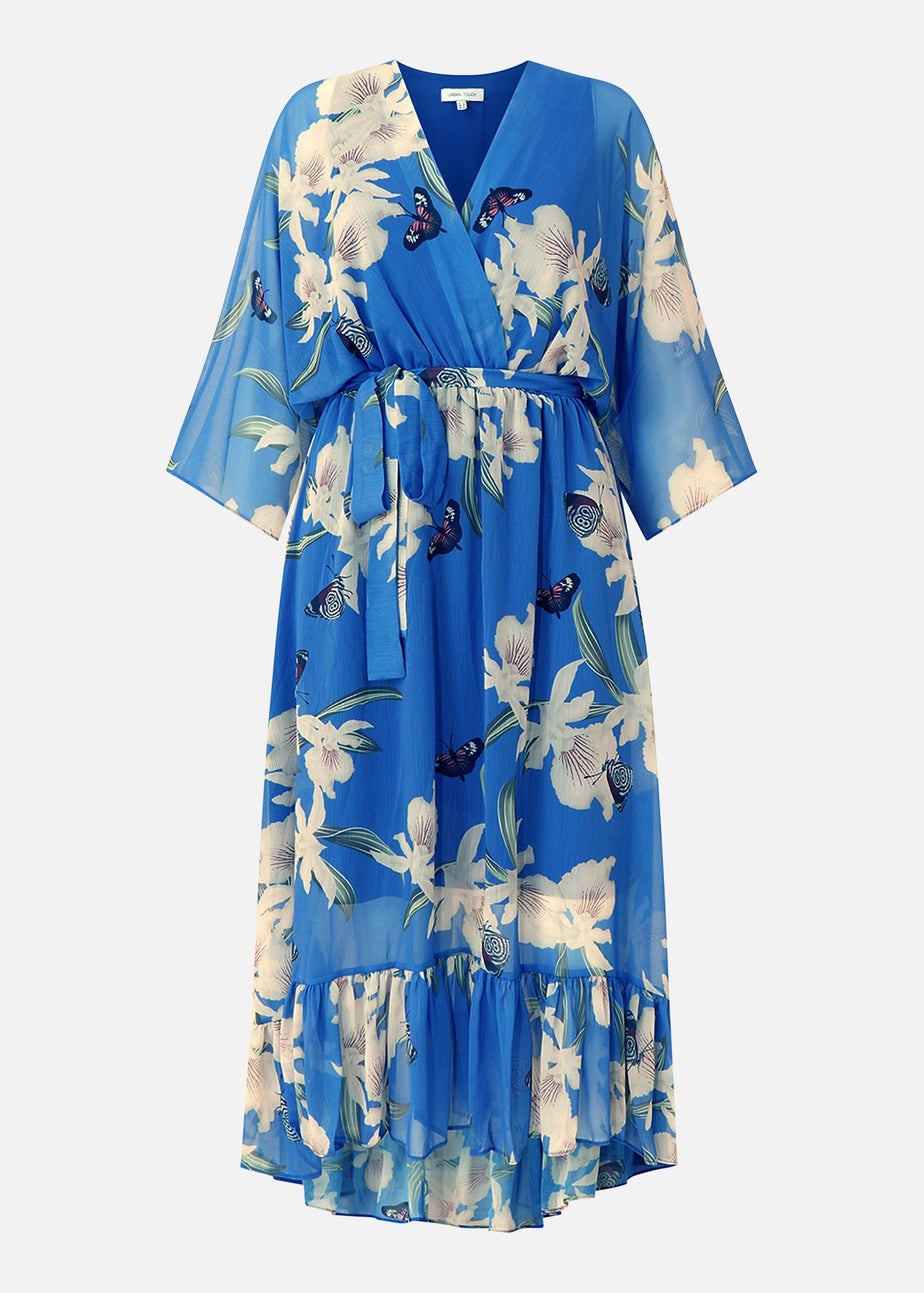 Yumi Blue Floral Print Kimono Midi Wrap Dress