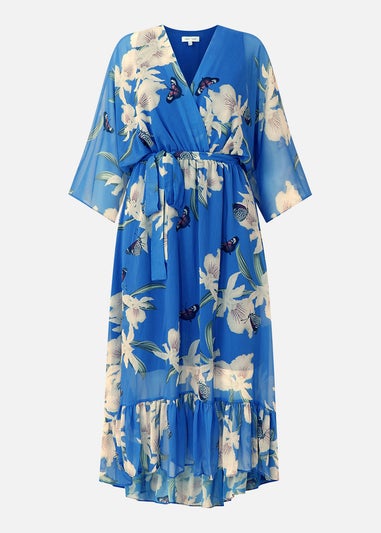 Yumi Blue Floral Print Kimono Midi Wrap Dress