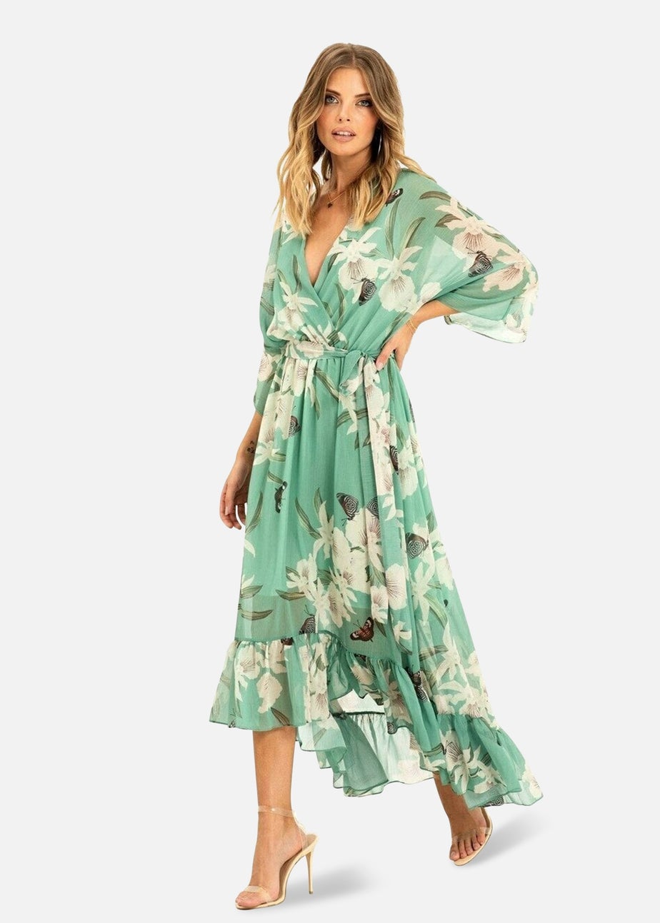 Yumi Mint Floral Print Kimono Midi Wrap Dress