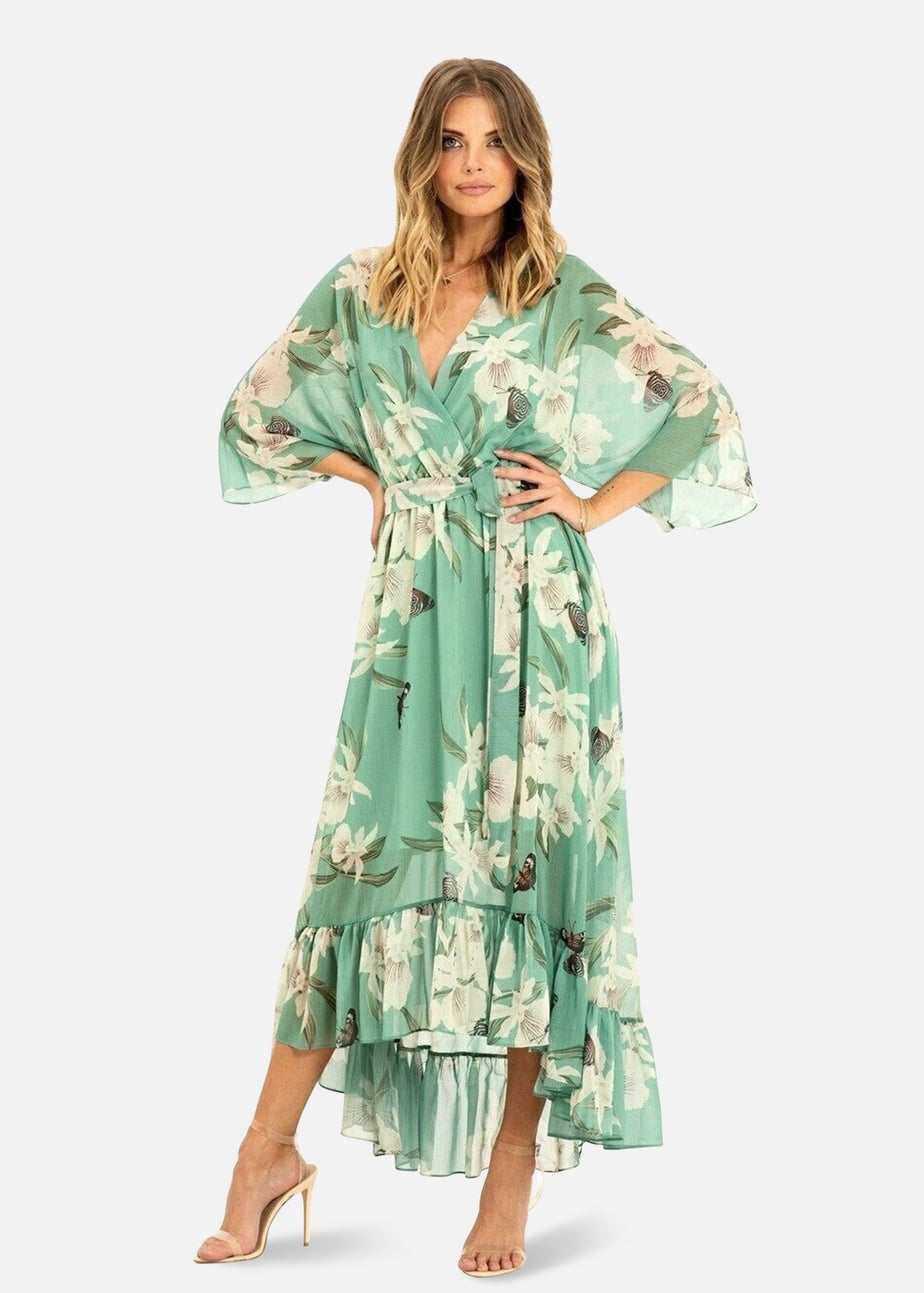 Yumi Mint Floral Print Kimono Midi Wrap Dress