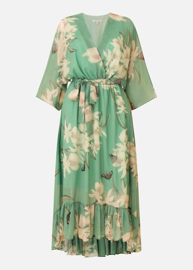 Yumi Mint Floral Print Kimono Midi Wrap Dress