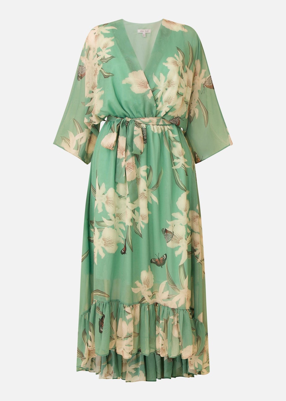 Yumi Mint Floral Print Kimono Midi Wrap Dress