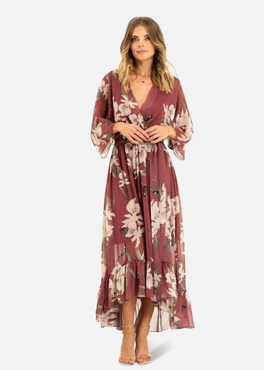 Yumi Rose Pink Floral Print Kimono Midi Wrap Dress