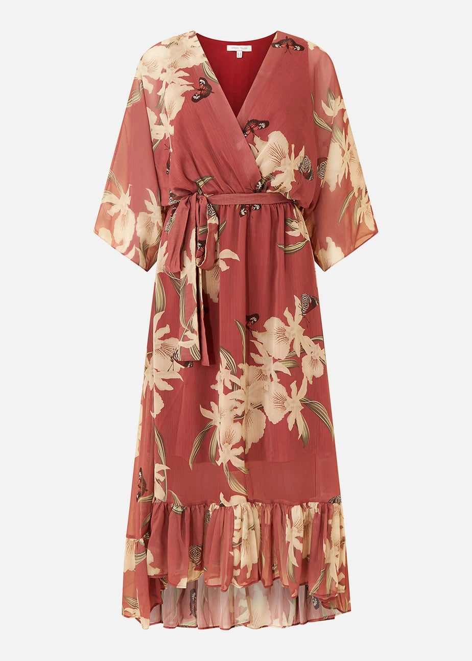 Yumi Rose Pink Floral Print Kimono Midi Wrap Dress