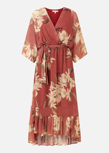 Yumi Rose Pink Floral Print Kimono Midi Wrap Dress