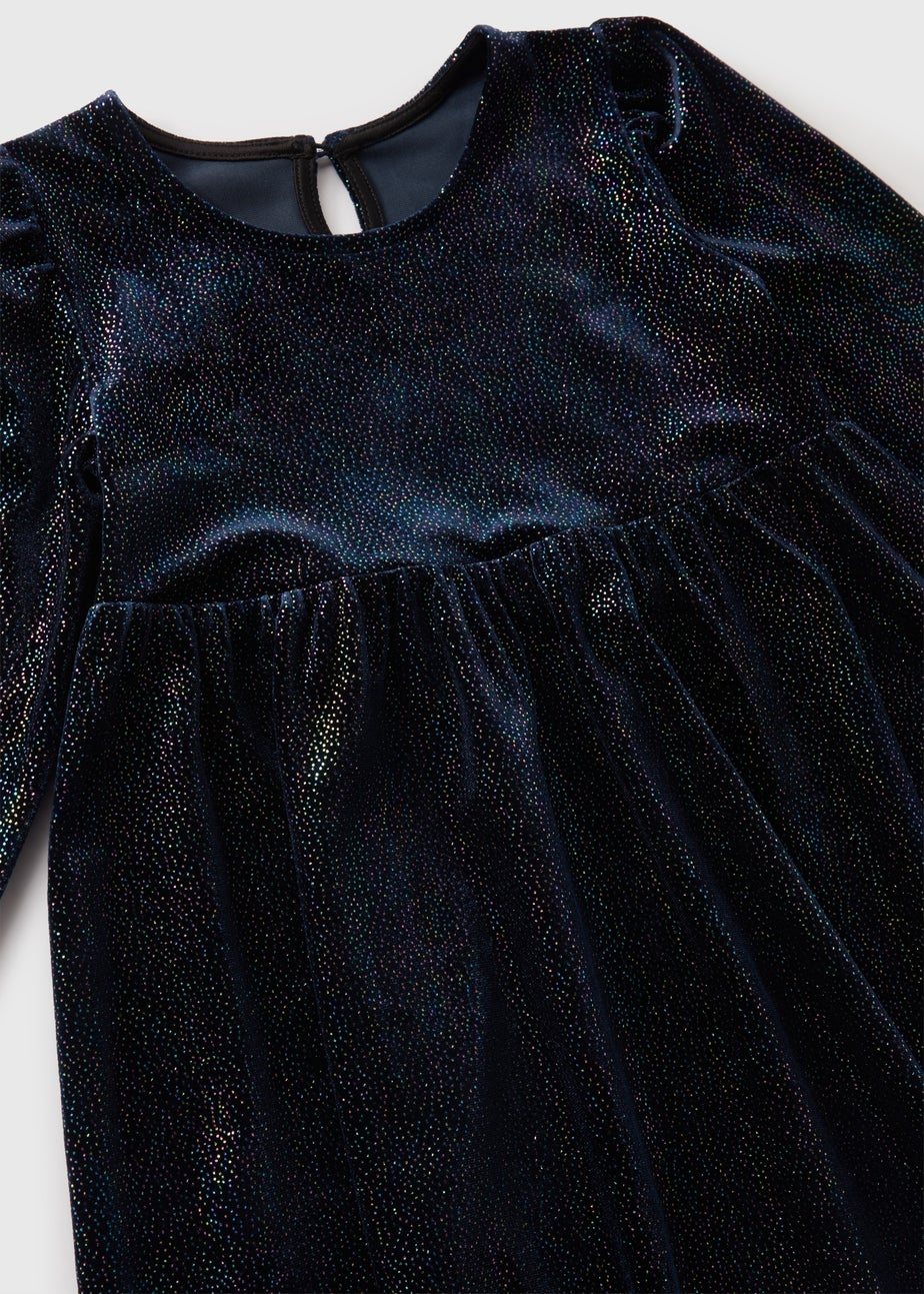 Girls Navy Glitter Velvet Skater Dress (1-7yrs)