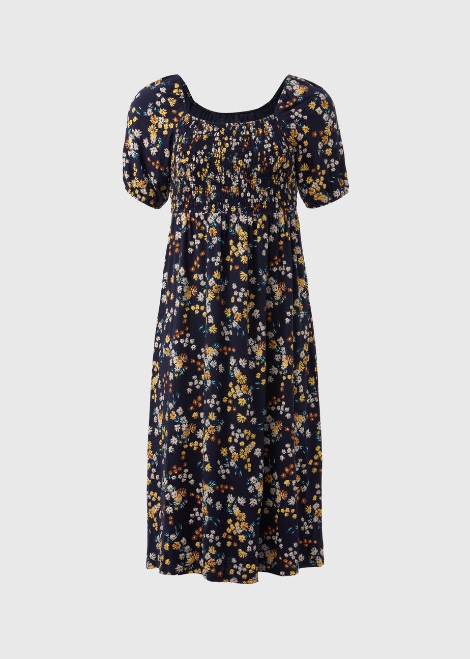 Navy Shirred Midi Dress