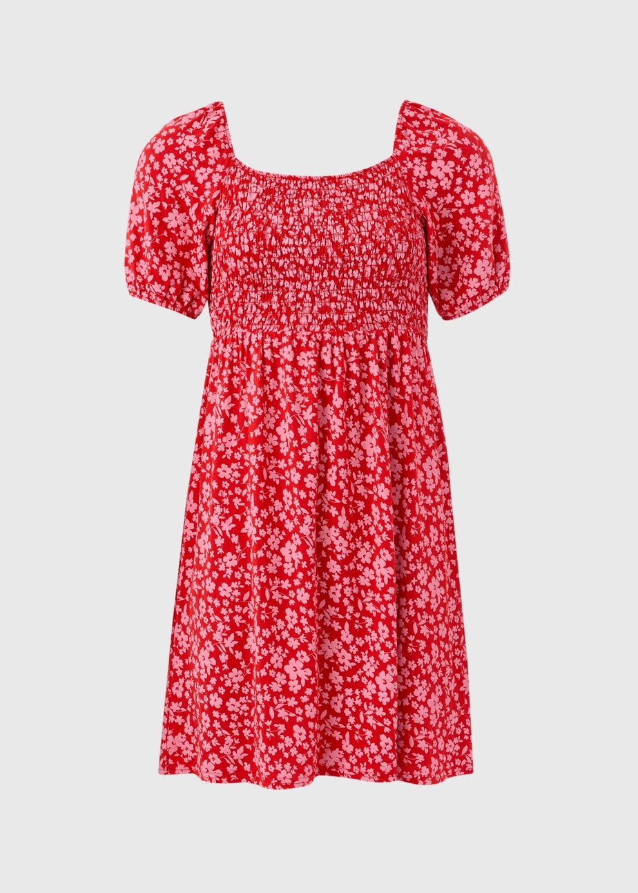 Red Floral Shirred Bodice Mini Dress