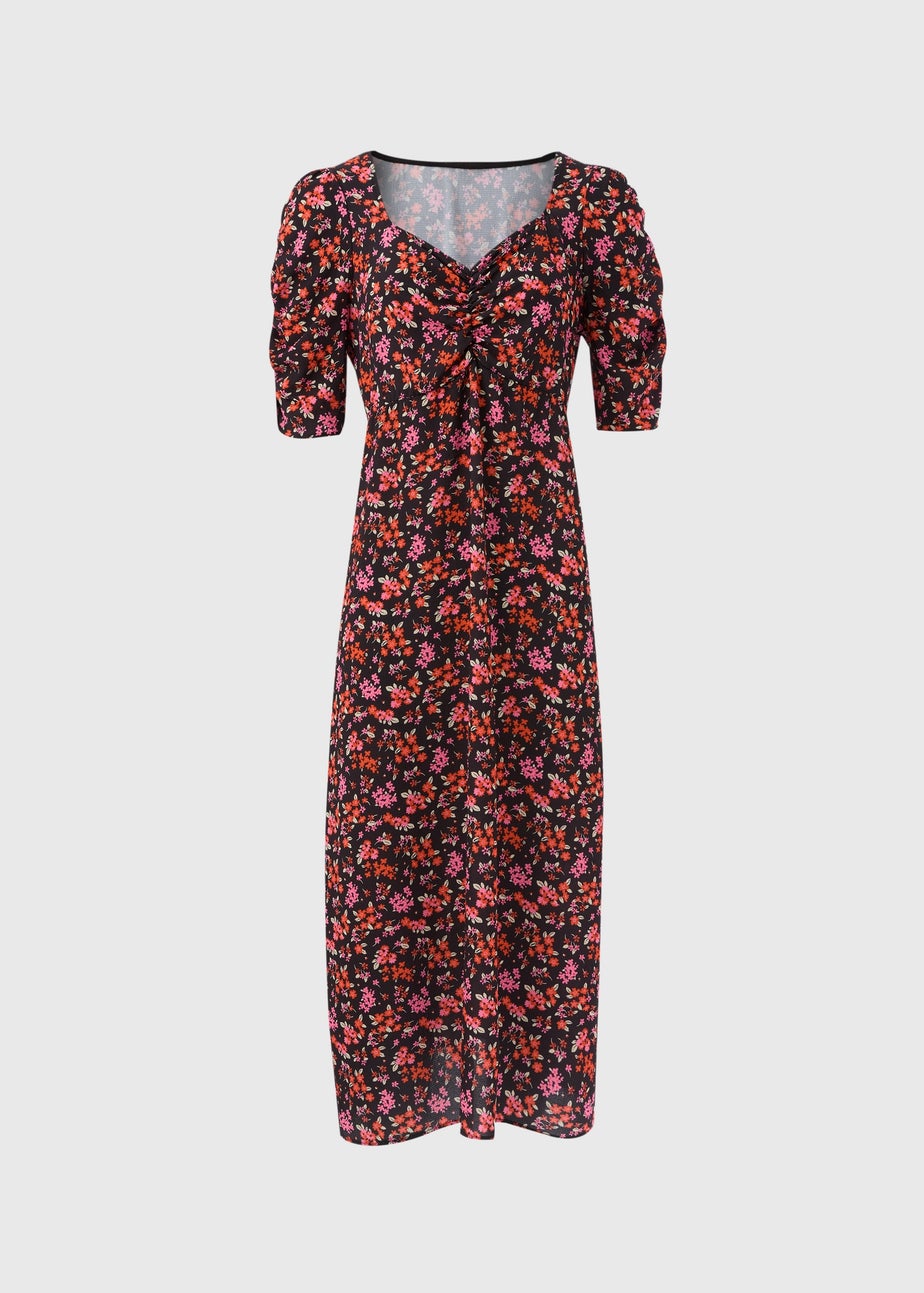 Black Floral Print Ruched Midi Dress