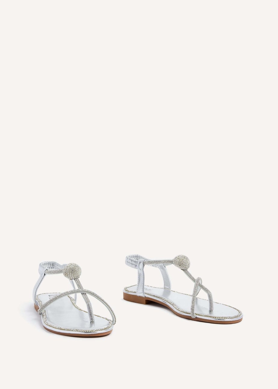Linzi Lana Silver Faux Leather Diamante Embellished T-Bar Sandal