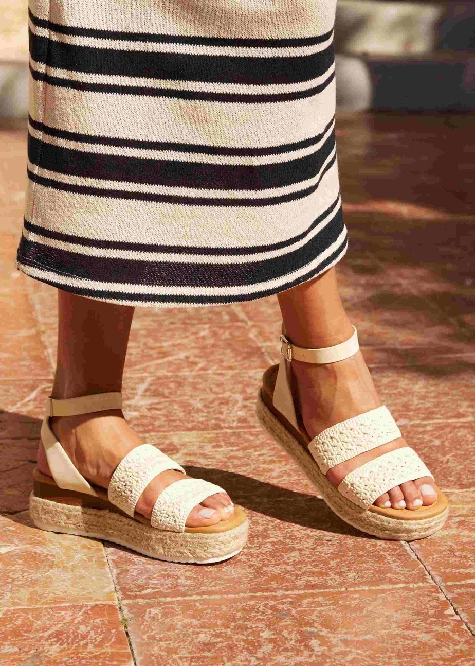 Linzi Daria Beige Nubuck Crochet Two Part Espadrille Inspired Platform Wedge