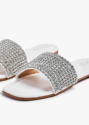 Linzi Shimmer White Faux Leather Diamante Slider Sandals