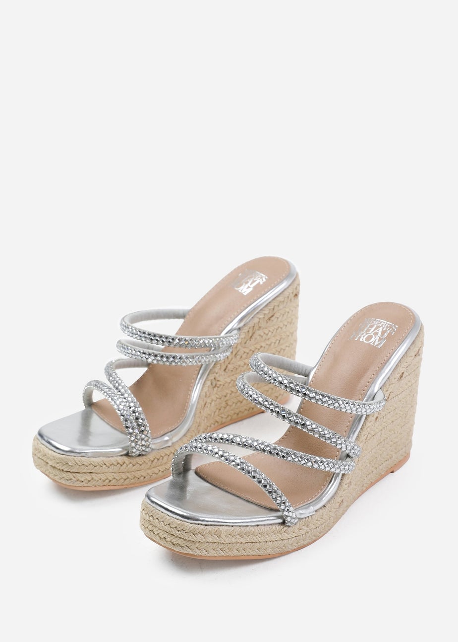 Where's That From Ohio Silver Metallic Multi Strap Espadrille Wedges