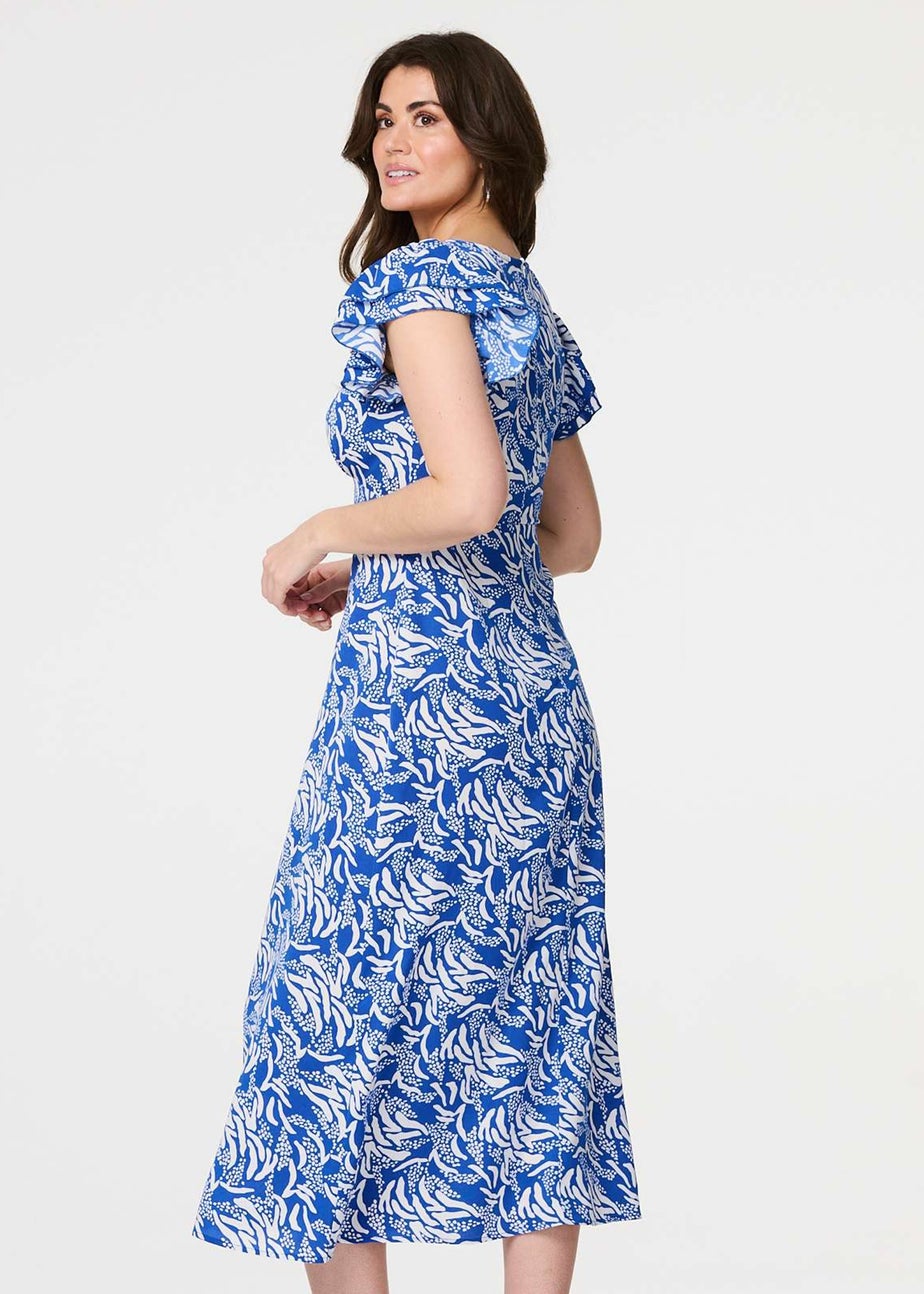 Izabel London Blue Printed Frill Cap Sleeve Midi Dress
