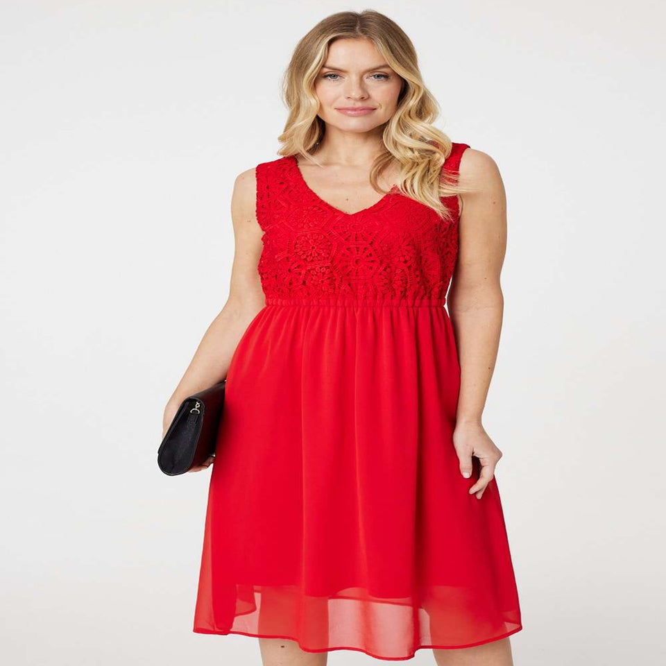 Izabel London Red Crochet Detail Sleeveless Midi Dress