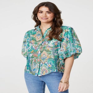 Izabel London Green Printed Puff 1/2 Sleeve Shirt