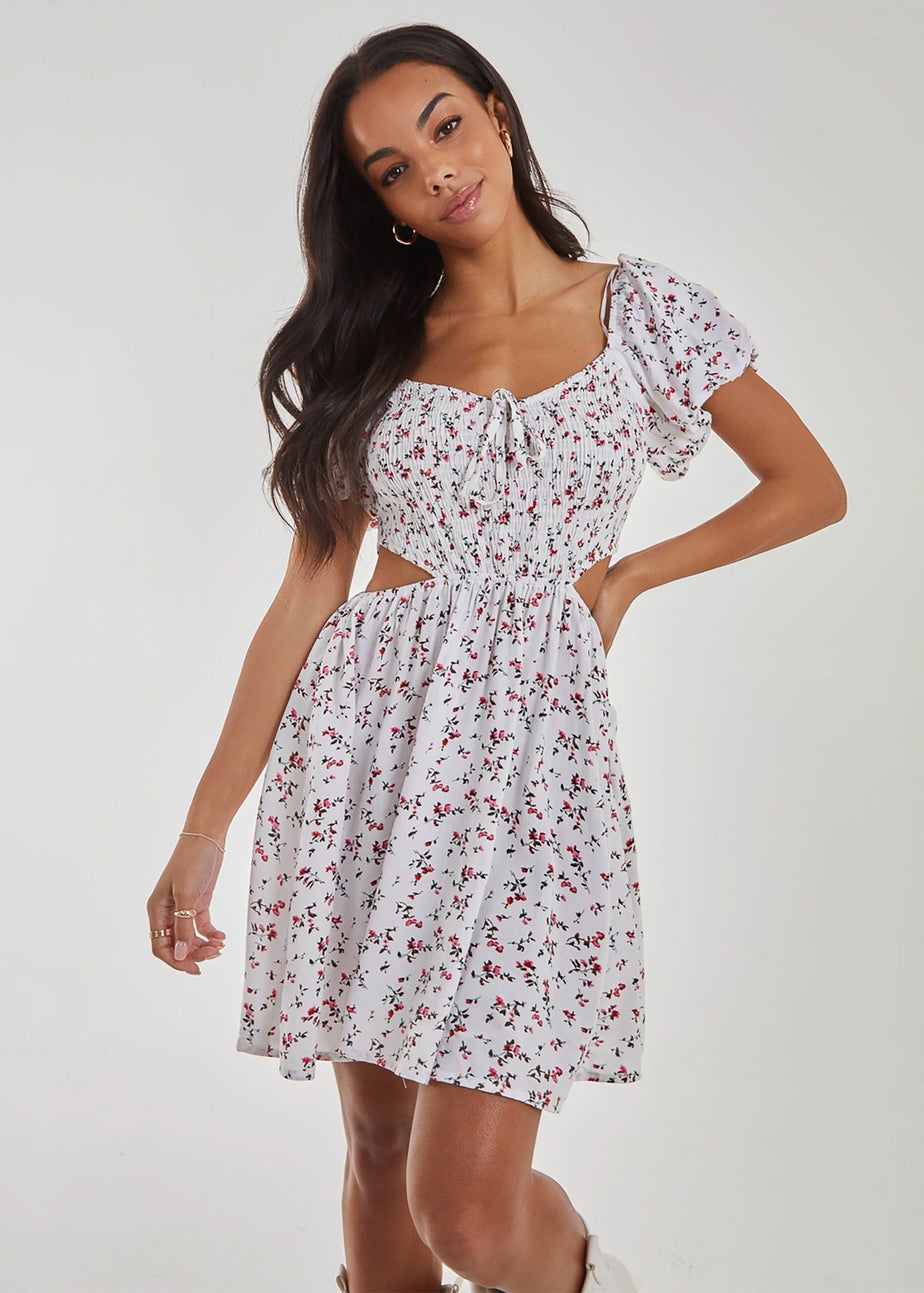 Pink Vanilla Ivory Floral Puff Sleeve Cut Out Dress
