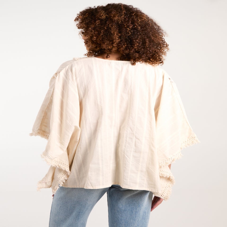 Blue Vanilla Stone V Front Crochet Fringe Kimono Top