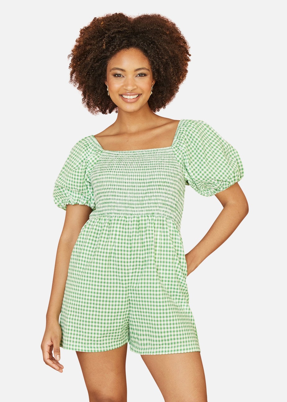Yumi Green Cotton Gingham  Puff Sleeve Playsuit