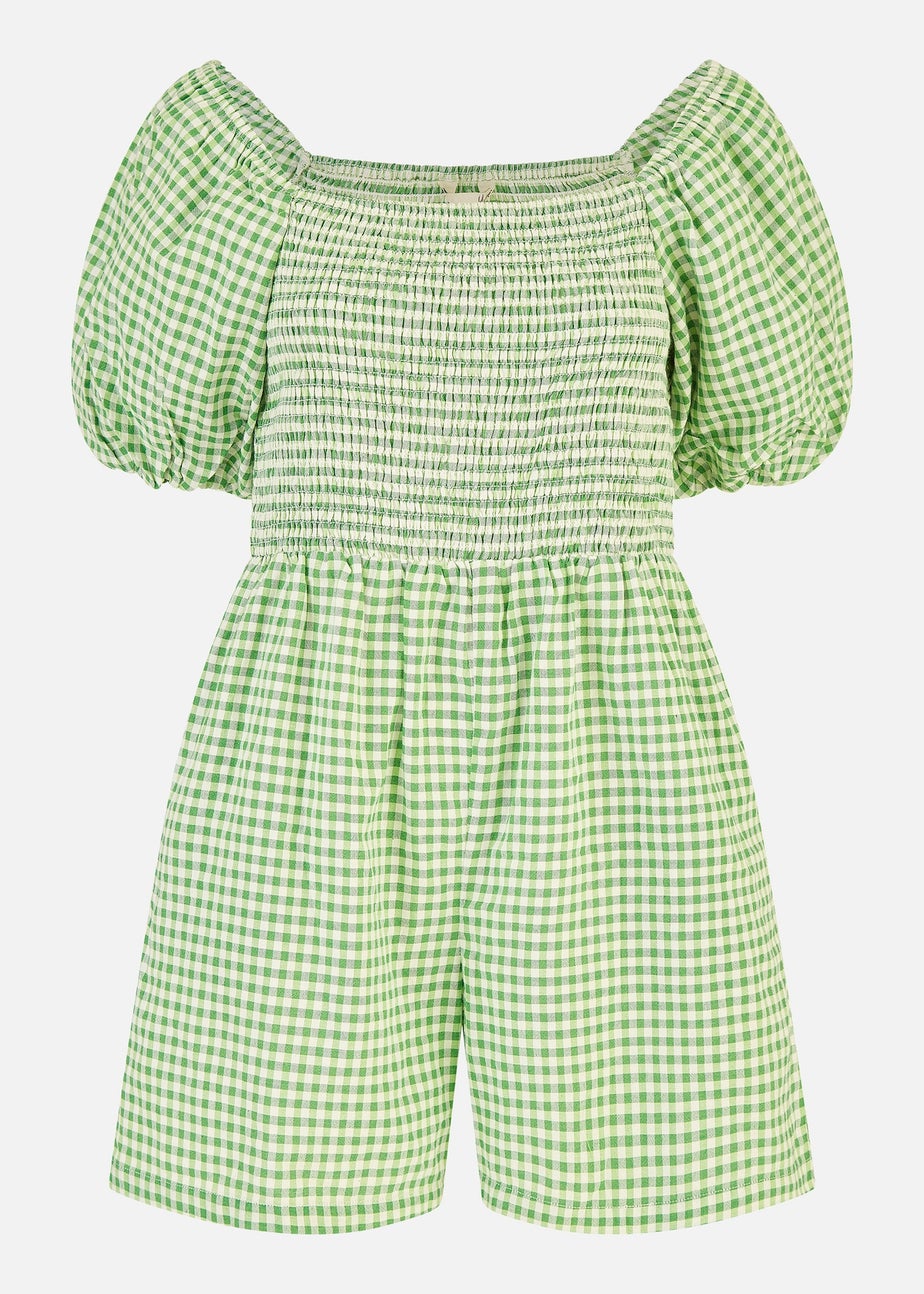 Yumi Green Cotton Gingham  Puff Sleeve Playsuit