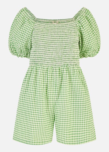 Yumi Green Cotton Gingham Puff Sleeve Playsuit