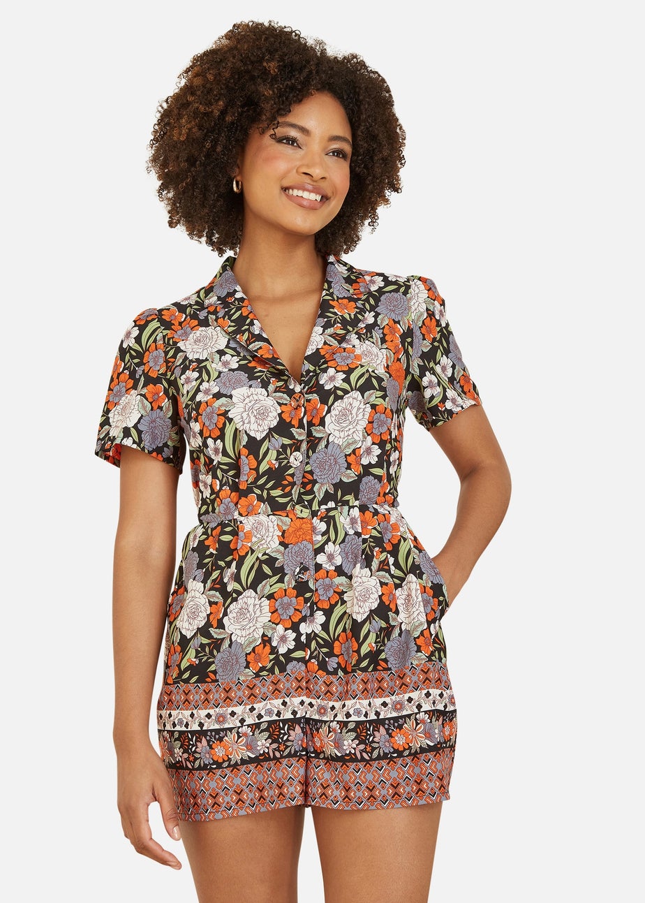 Yumi Multicolour Retro Floral Print Playsuit With Border Hem
