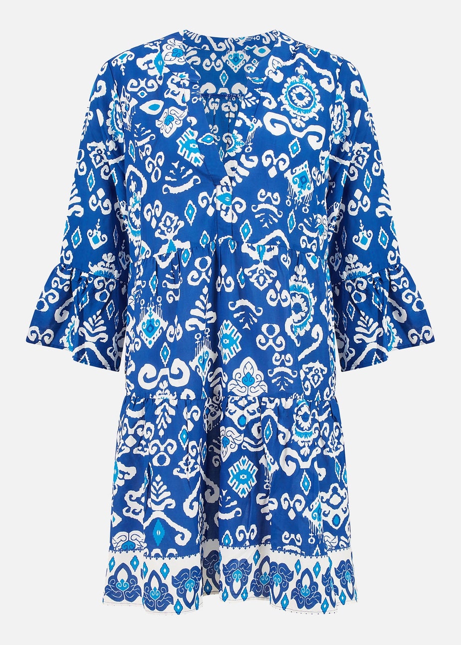 Yumi Blue Ikat Print 3/4 Sleeve Tunic Dress