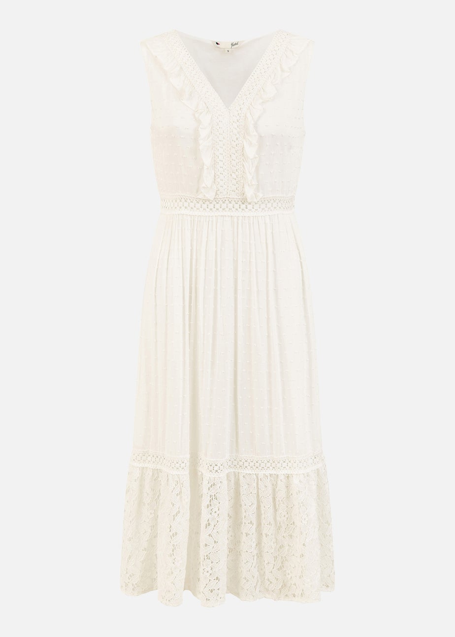 Yumi White Lace And Dobby Cotton Midi Dress