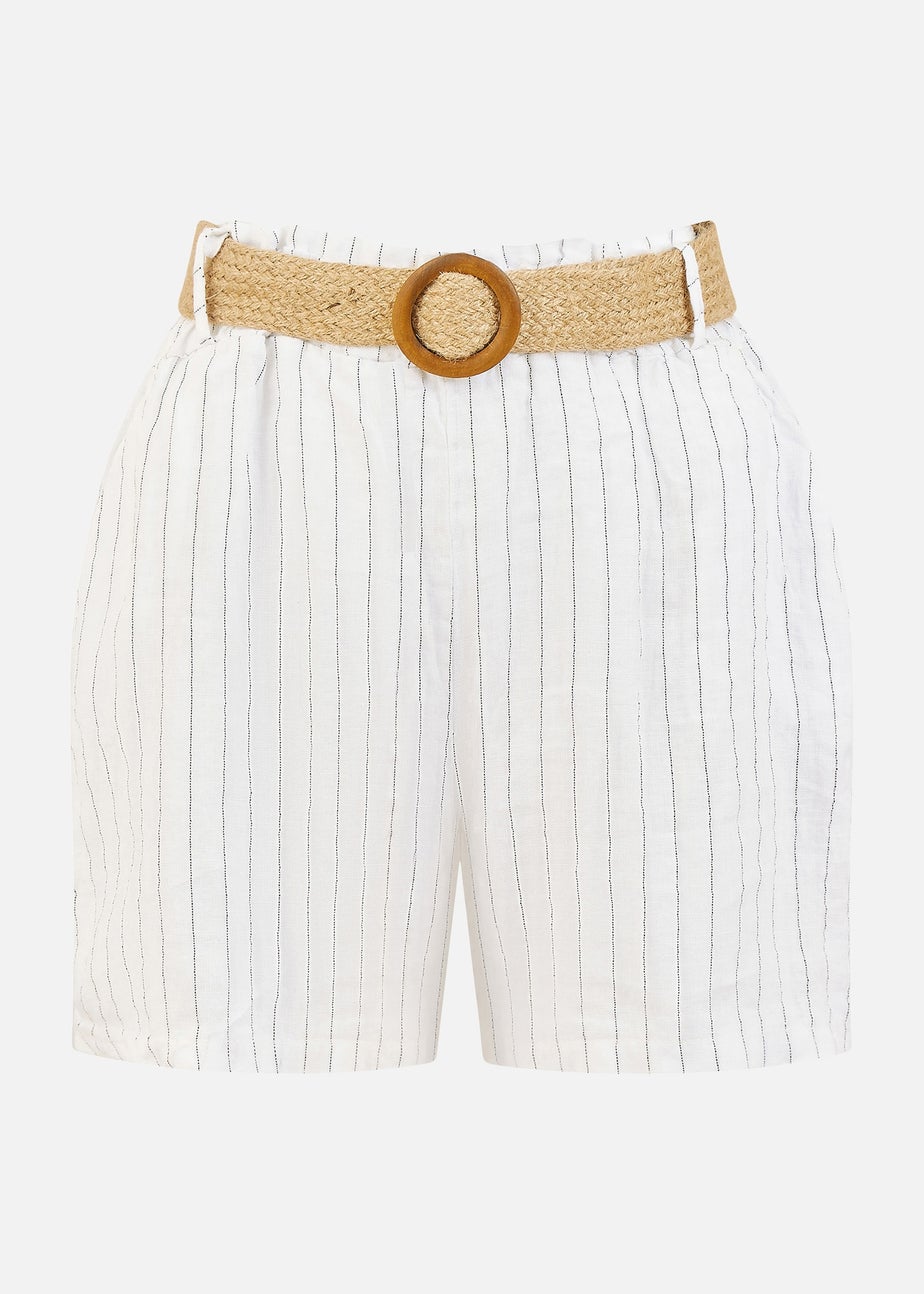 Yumi White Striped Italian Linen Shorts With Belt