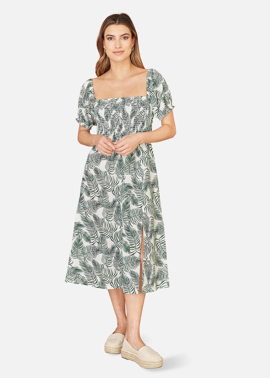 Yumi Green Organic Cotton Palm Print Midi Dress With Side Split