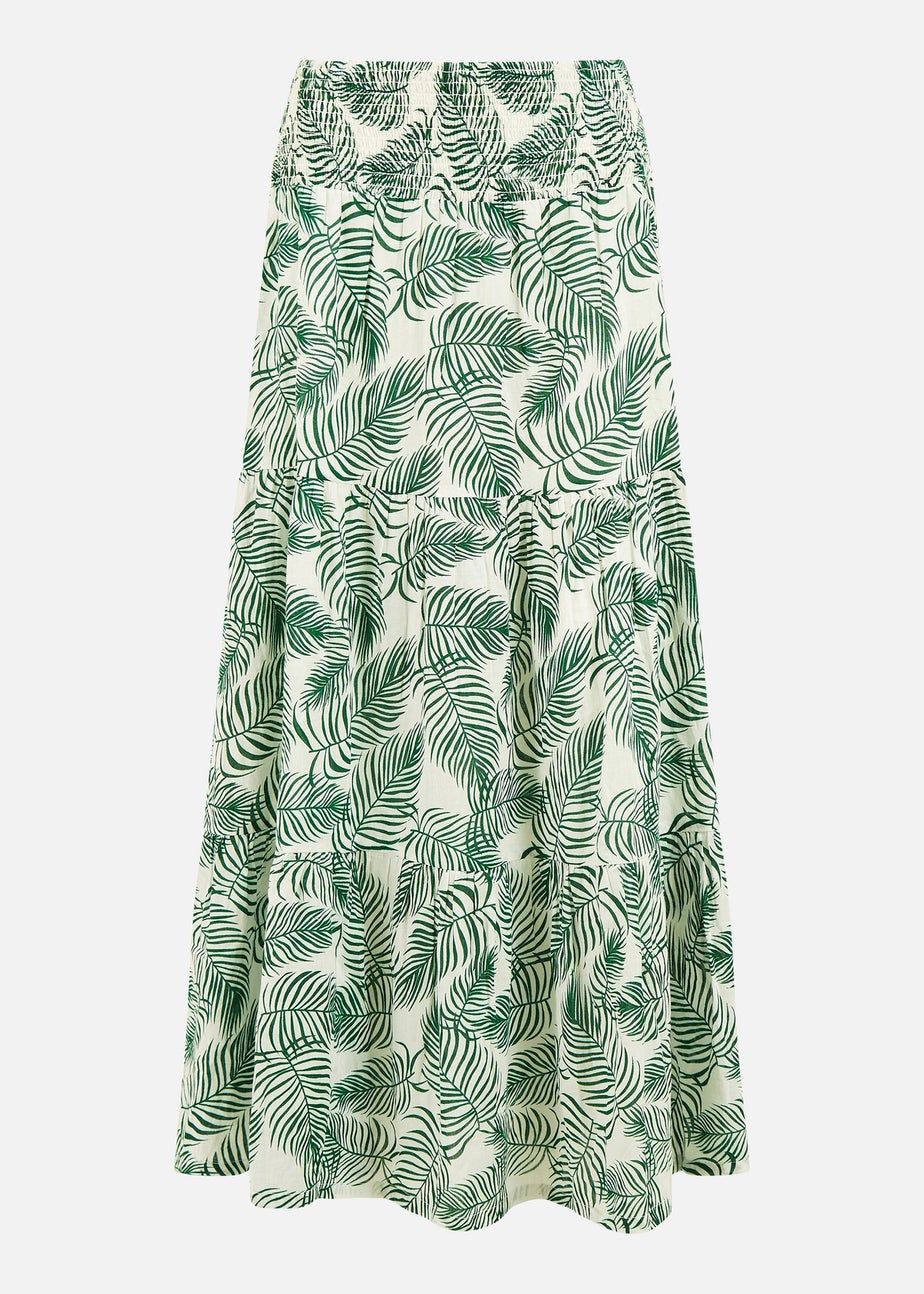 Yumi Green Cotton Voile Palm Leaf Ruched Waist Midi Skirt
