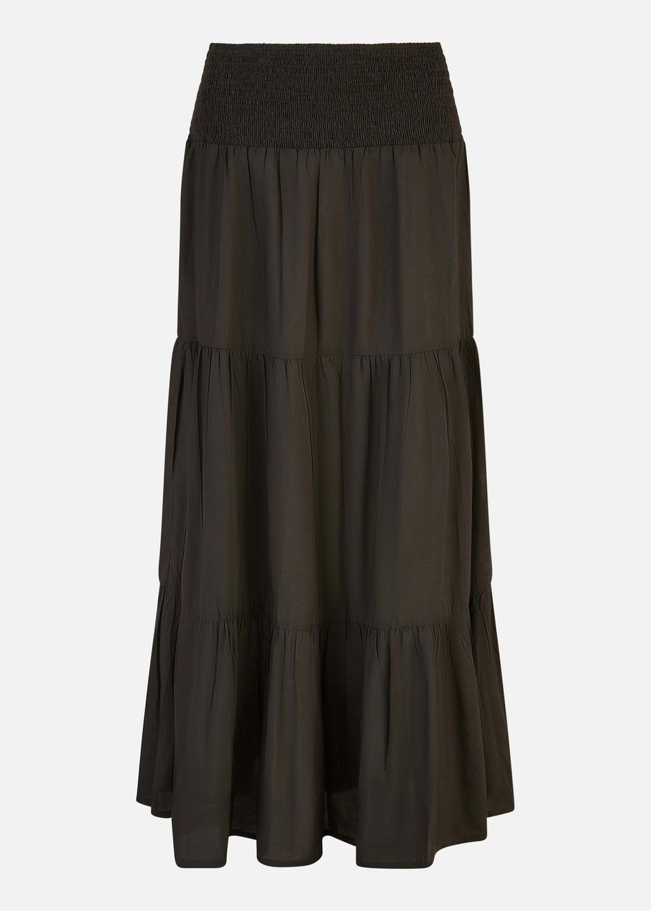 Yumi Black Ruched Waist Tiered Midi Skirt
