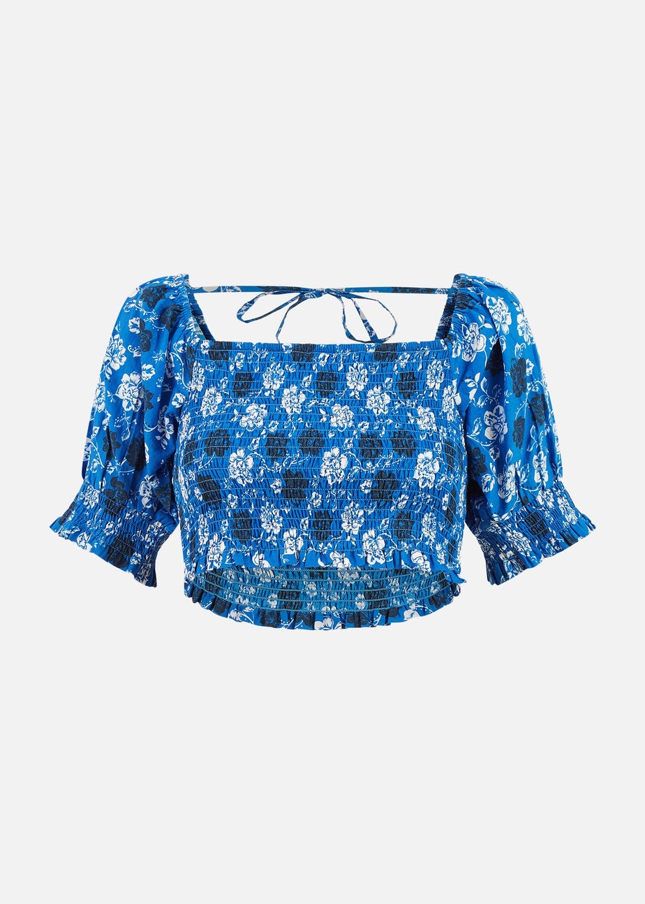 Yumi Blue Cotton Voile Floral Ruched Crop Top