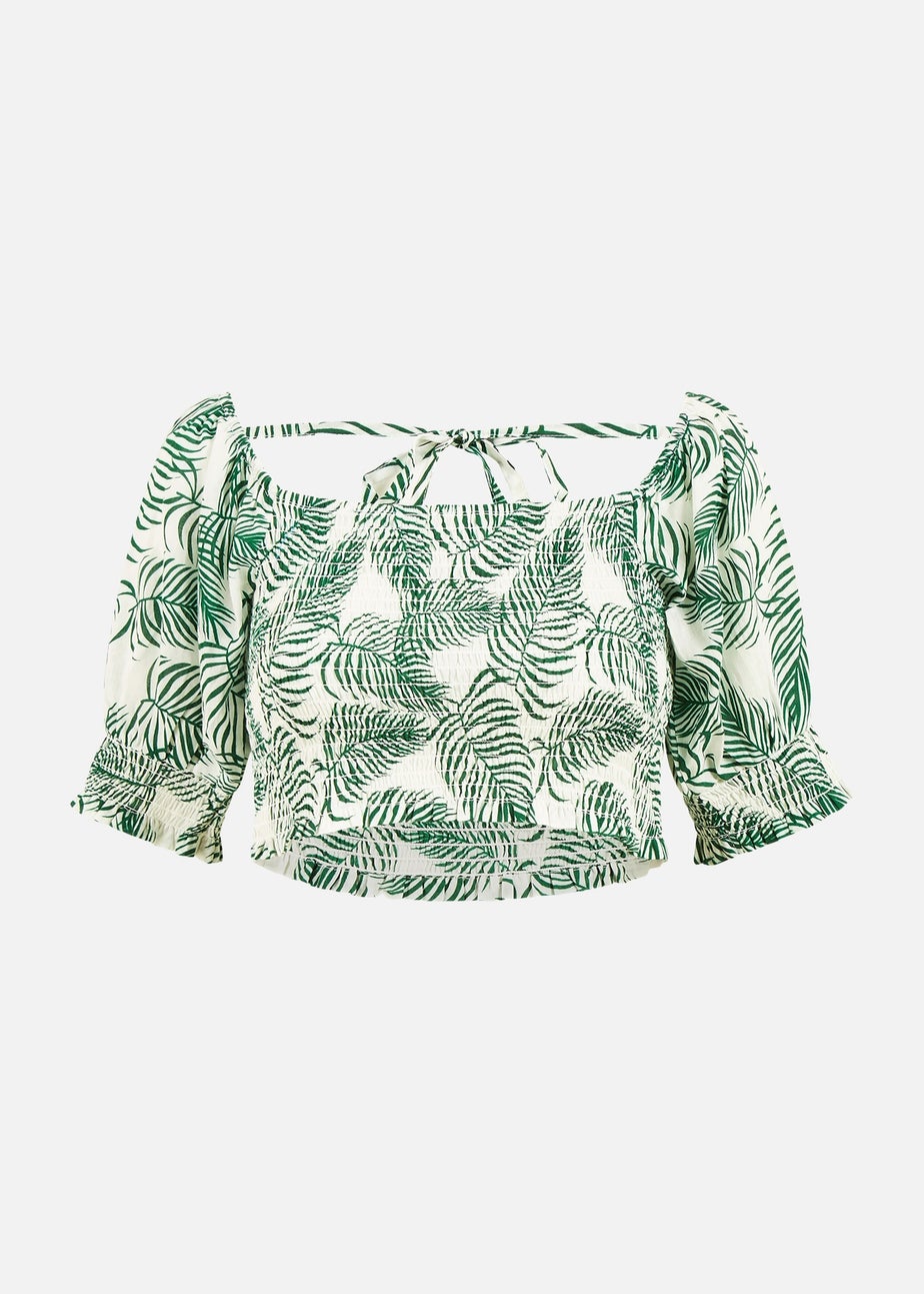 Yumi Green Cotton Voile Palm Leaf Ruched Crop Top