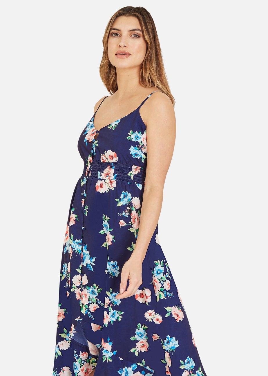 Mela Navy Floral High Low Frill Midi Dress