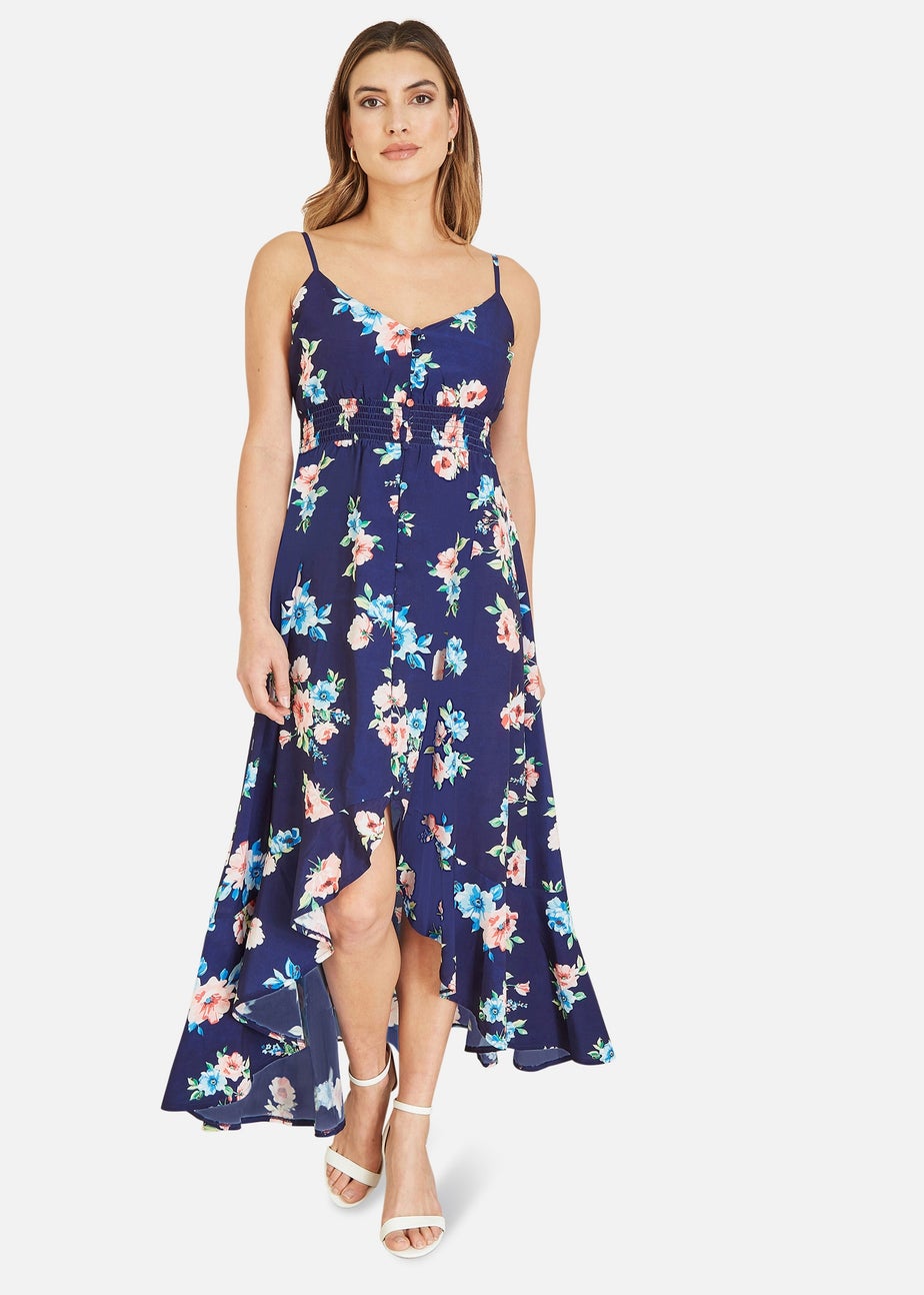 Mela Navy Floral High Low Frill Midi Dress