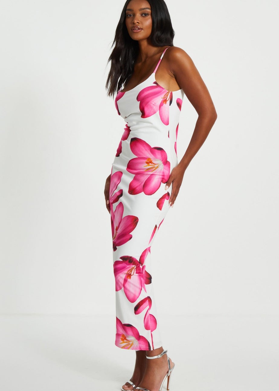 Quiz Pink Bold Floral Print Bodycon Maxi Dress