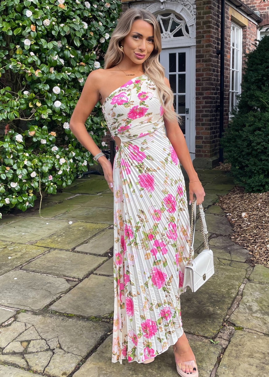 AX Paris Cream Floral Print Pleated Satin Midi Dress