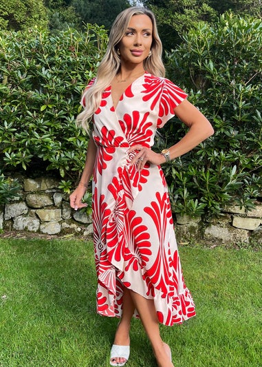 AX Paris Orange Abstract Print Wrap Over Hem Midi Dress