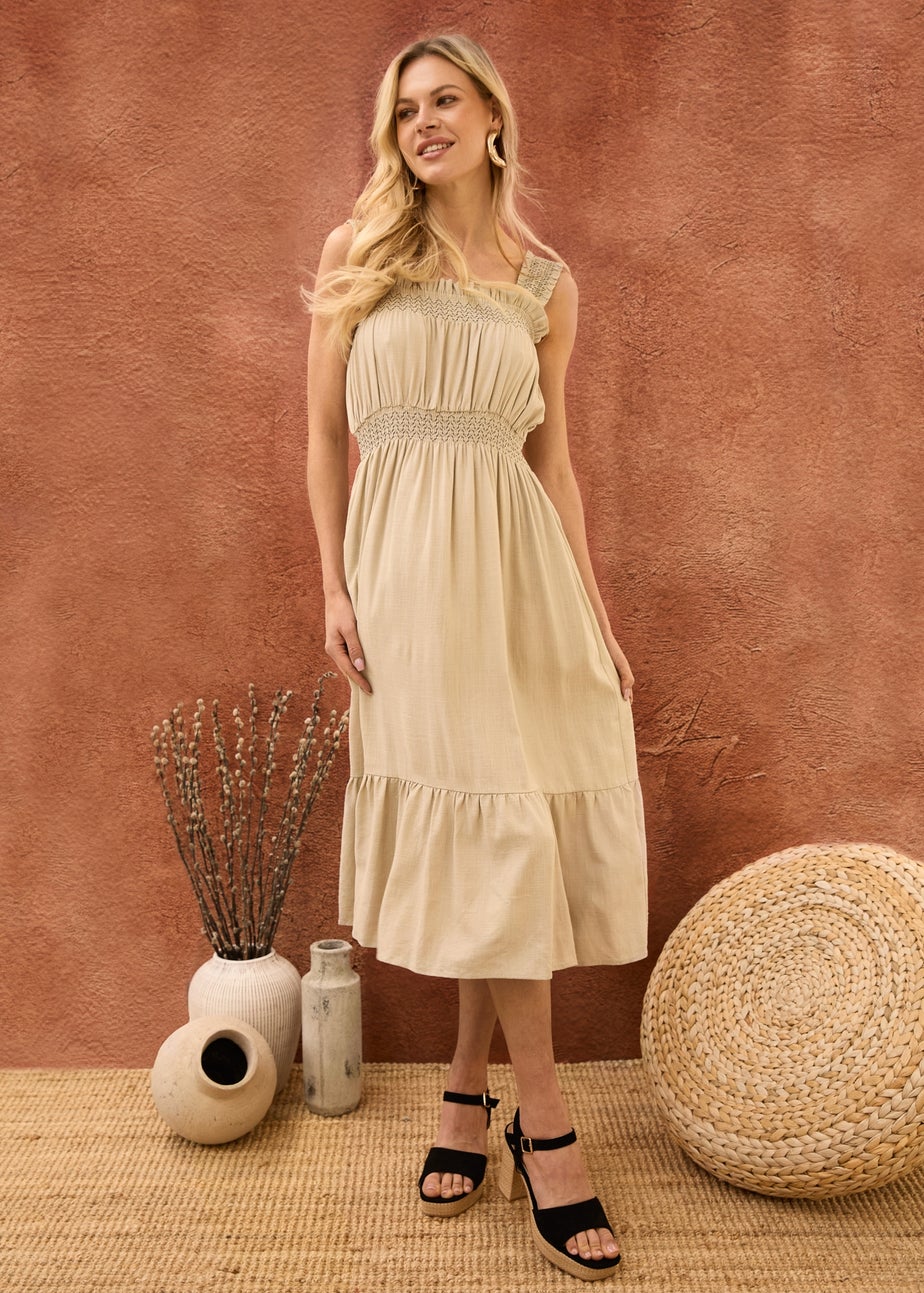 Blue Vanilla Stone Shirred Detail Midi Dress