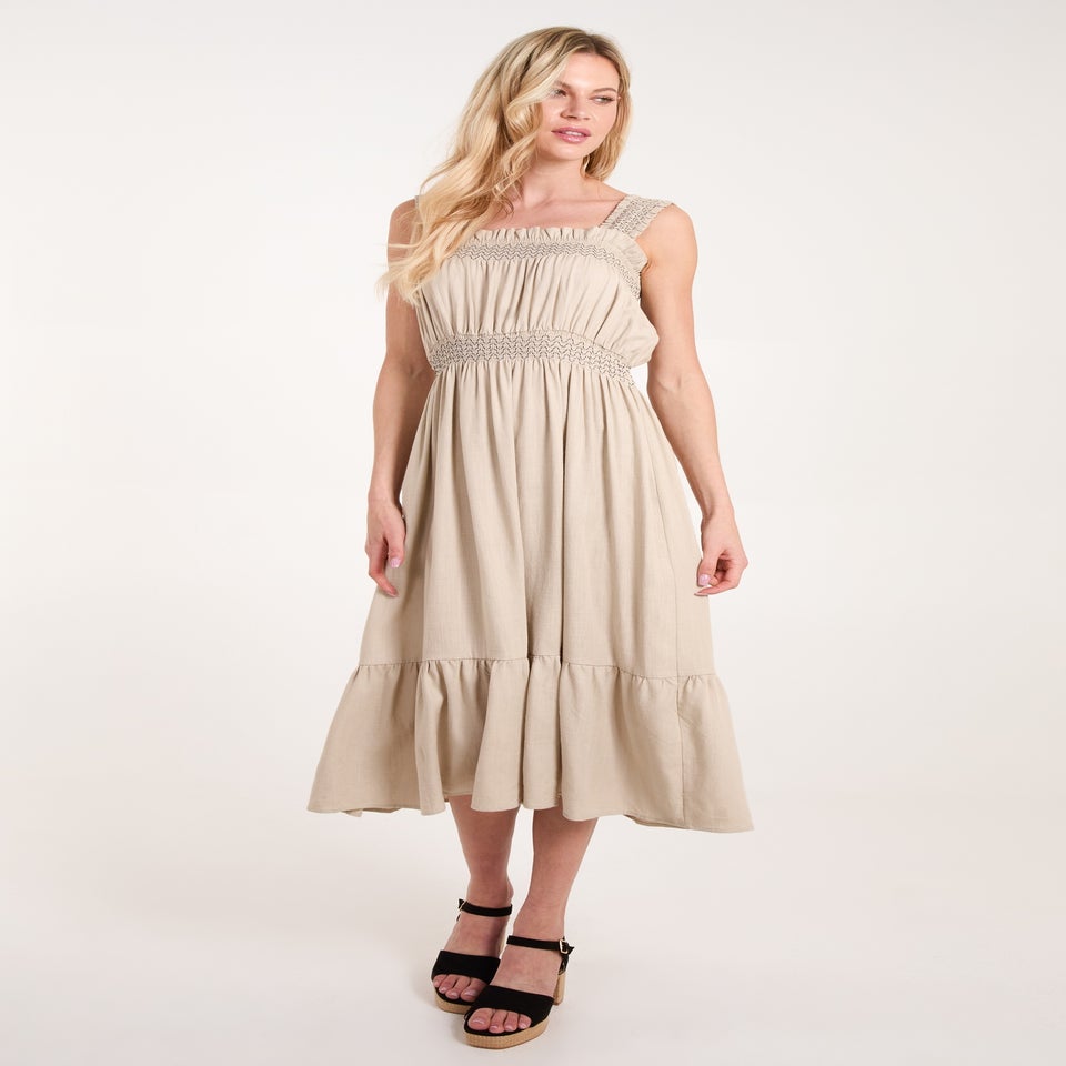 Blue Vanilla Stone Shirred Detail Midi Dress