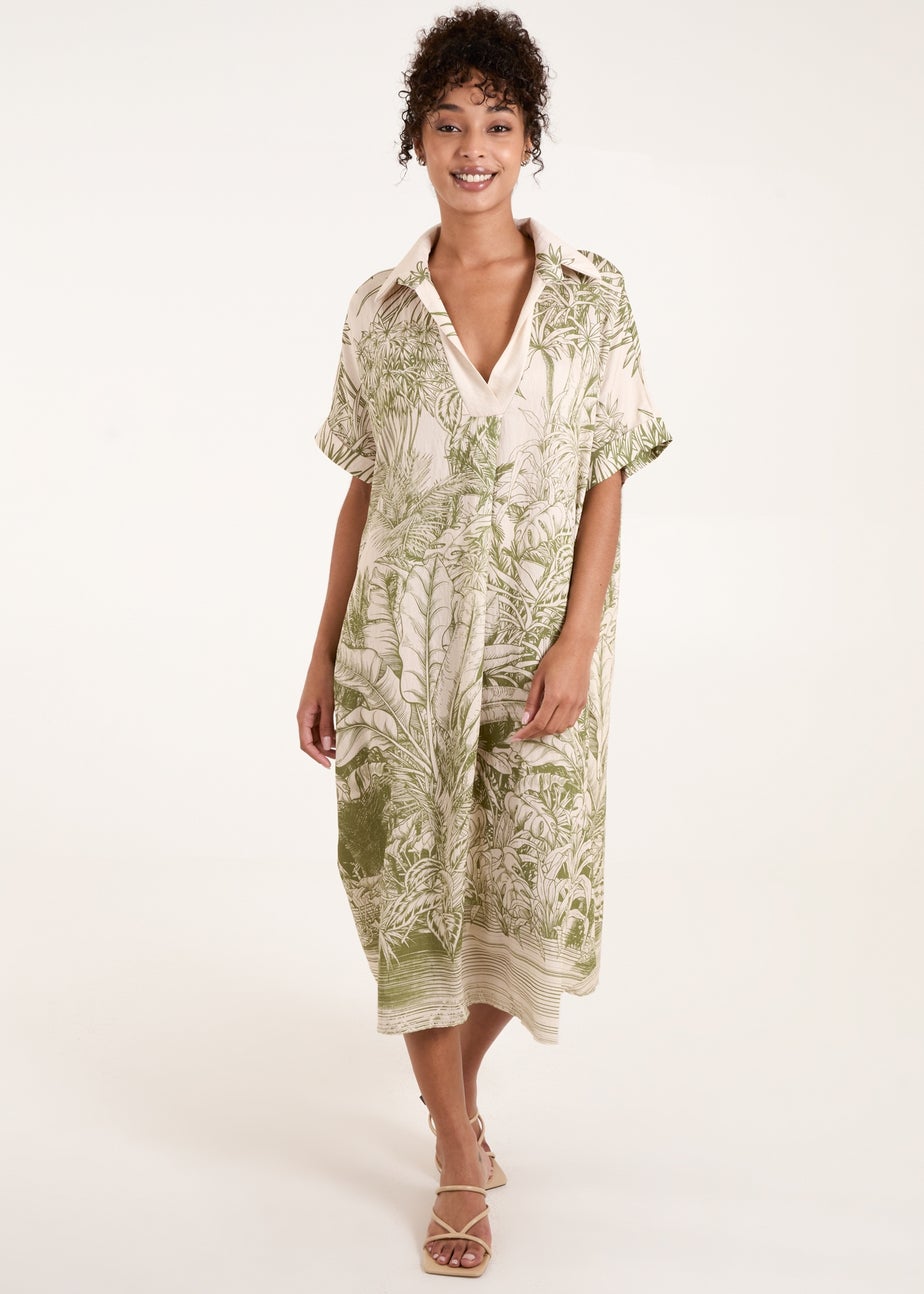 Blue Vanilla Khaki Palm Leaf Open Collar Dress