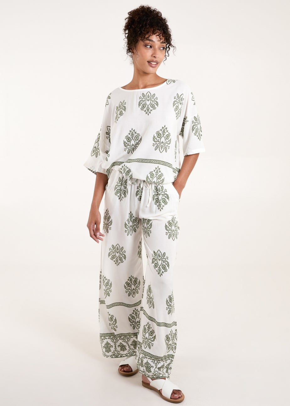 Blue Vanilla Khaki Border Print Wide Leg Trousers