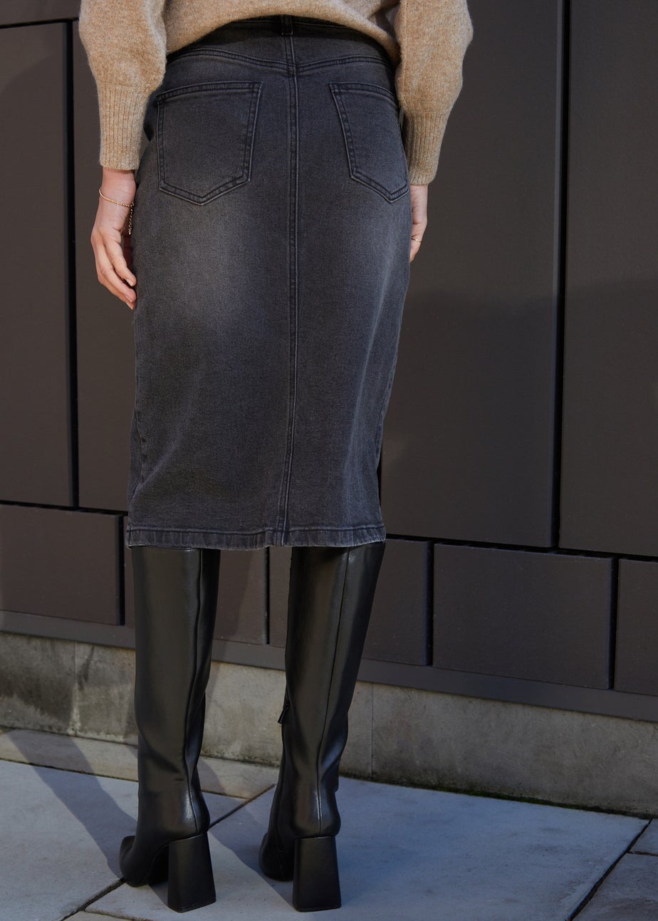 Threadbare Charcoal Amsterdam Denim Split Front Midi Skirt