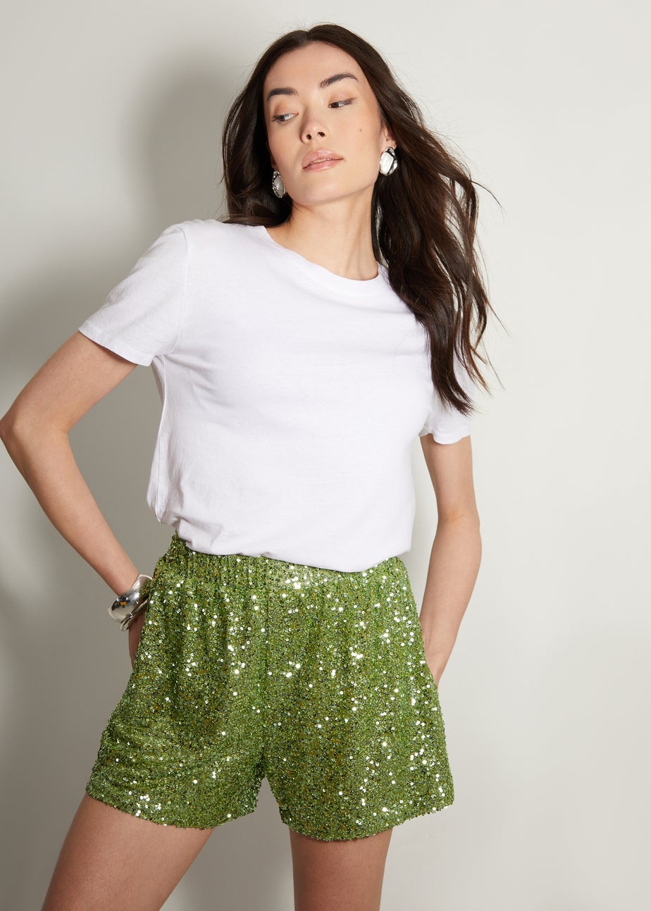 Threadbare Green Shania Sequin Pull On Shorts